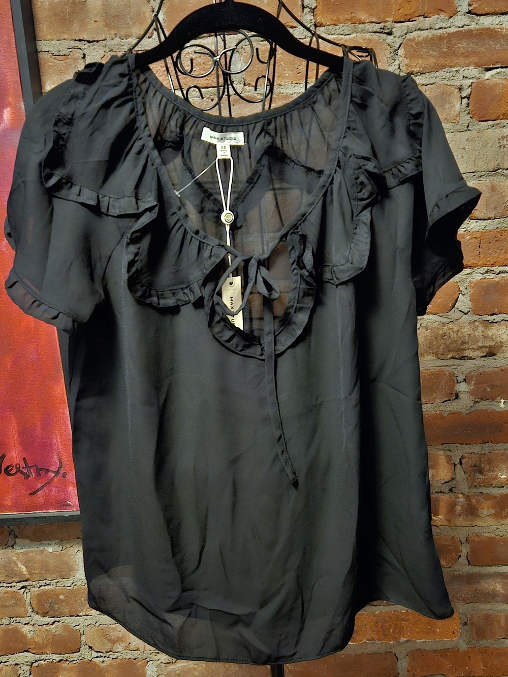 Max Studip Black Ruffle Tie-Neck Blouse With Flutter Sleeves